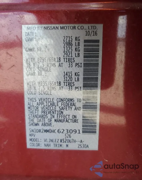 2017 Nissan Pathfinder S z USA, uszkodzony, nr VIN 5N1DR2MM0HC623091